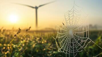 A dew-covered spider web glistens in the morning light with a wind turbine in the background during sunrise in a serene countryside setting photo