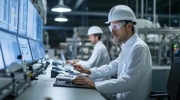 Technicians working in a modern control room monitoring industrial processes during daytime operations photo