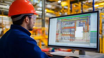 Engineer working in a manufacturing facility, analyzing technical designs on a computer screen during the day photo