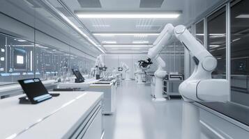 Modern laboratory showcasing advanced robotic arms engaged in precise tasks during a research session in a high-tech facility photo