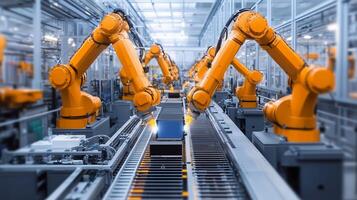 Automated robotic arms sorting packages in a high-tech warehouse during daytime operations photo