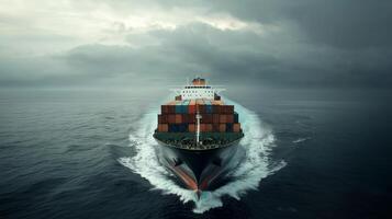 Container ship navigating through stormy waters with heavy clouds overhead in the open sea during early evening hours photo