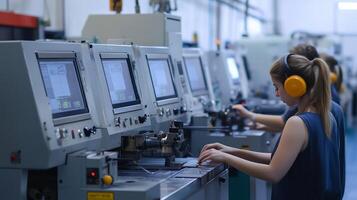 Workers operating machinery in a manufacturing facility during the day, focused on their tasks and using protective gear photo