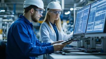 Engineers collaborating at computer stations in a modern manufacturing facility, focusing on production efficiency and quality control photo