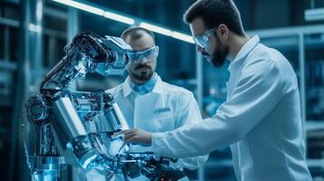 Researchers in lab working collaboratively with advanced robotic arm technology during an experimental project in a high-tech facility photo