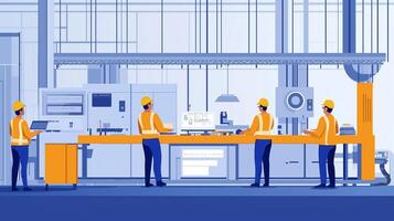 Workers collaborate in a manufacturing facility using technology to streamline production in a modern industrial setting photo