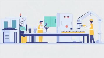 Workers engaged in automated manufacturing process with robots in a modern factory setting photo