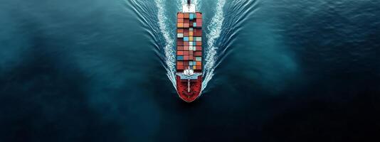 Aerial view of a cargo ship navigating through dark waters with colorful containers during daytime photo