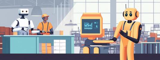 Robots assisting workers in a modern warehouse setting during daylight hours with advanced technology and collaborative tasks photo