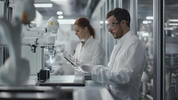 Laboratory technicians conducting research in a high-tech facility during the day with advanced equipment and robotics photo