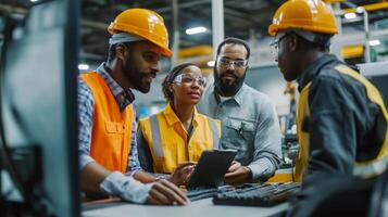 Team collaborates on a safety project in a warehouse setting during daylight hours photo