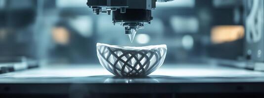 A 3D printer creating a white decorative bowl in a modern workshop during daylight, showcasing intricate lattice design and technology in action photo