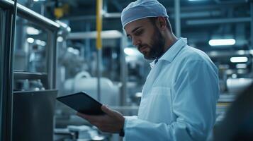 Scientist examining data on a tablet in a modern laboratory during the day photo