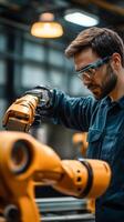 Engineer working on orange robotic arm in modern factory setting during daytime, focusing on precision and technology advancements photo