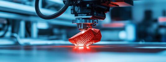 Red 3D printer creating a geometric object in a modern manufacturing facility during daylight hours photo