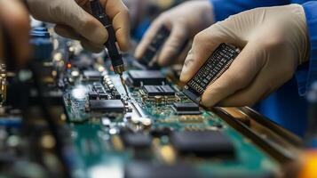 Technicians assembling a complex circuit board in a modern electronics manufacturing facility under artificial lighting photo