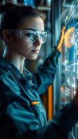 Young scientist analyzing data on a holographic display in a modern laboratory during the afternoon hours photo