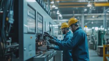 Workers operating advanced machinery in a manufacturing facility during daylight hours in a modern industrial setting photo