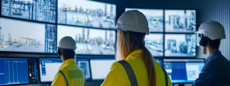 Workers monitor industrial processes in a control room with multiple screens, focusing on safety and efficiency during daytime operations photo