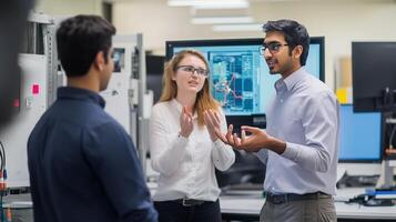 Students engaging in discussion about engineering projects in a modern laboratory setting during a collaborative workshop photo