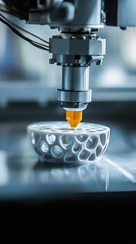 3D printer creating an intricate design with a yellow nozzle in a modern workshop during the daytime photo