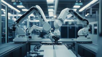 Robotic arms collaborate in an automated factory setting, highlighting advanced manufacturing technology and precision engineering photo