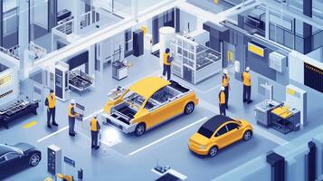 Workers assemble vehicles in a modern manufacturing facility during daylight hours to enhance production efficiency and quality photo