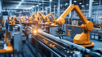 Automated robotic arms working in a modern manufacturing facility during daytime, demonstrating advanced assembly processes photo