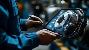 Technician examining turbine component using a tablet in an industrial workshop during a quality check photo