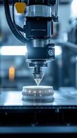Advanced manufacturing process in a high-tech factory featuring a precision 3D printer producing intricate parts in a well-lit environment photo