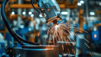 Industrial robotic arm welding in a factory, creating sparks during metal fabrication in an automated assembly line photo