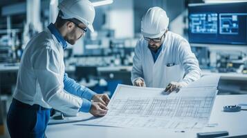 Engineers reviewing architectural blueprints in a modern office environment during a collaborative design meeting photo