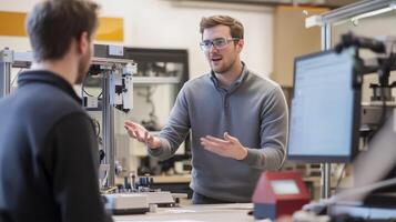 Two engineers discussing a project in a high-tech workshop during daylight hours to solve a technical challenge photo