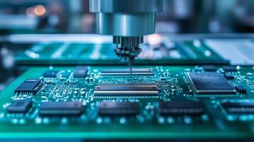 Precision machinery assembling electronic components on a printed circuit board in a high-tech manufacturing facility photo