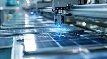 Automated machinery assembling solar panels in a high-tech manufacturing facility during daytime operations photo