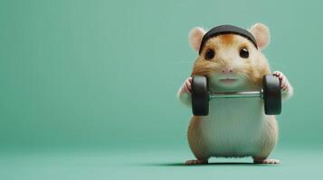 A cute hamster lifting dumbbells in a gym setting against a teal background during a workout session photo