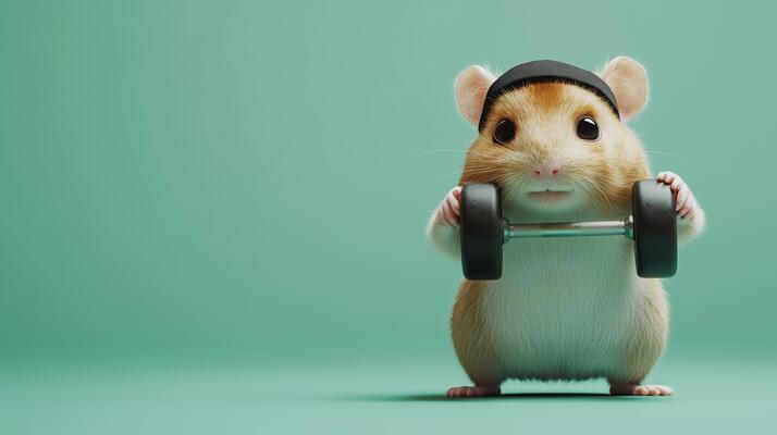 A cute hamster lifting dumbbells in a gym setting against a teal background during a workout session