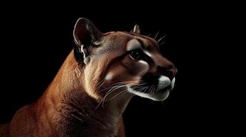 A striking close-up of a puma against a black background highlighting its features and expressions during nighttime photo