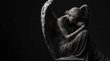 A contemplative angel sculpture in a dark setting, showcasing intricate details and a serene expression, exemplifying artistry and emotion photo