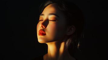 A woman with closed eyes enjoying warm sunlight streaming in on her face during a serene moment in a dimly lit room photo