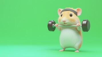 A determined hamster lifting weights in a vibrant workout environment, showcasing fitness enthusiasm and playful charm photo