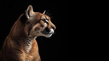 A close-up profile of a mountain lion in a dark setting showcasing its sleek fur and focused expression photo