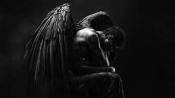 A dark angel in anguish sits alone in the shadows, reflecting on sorrow and loss in an ethereal black and white setting photo