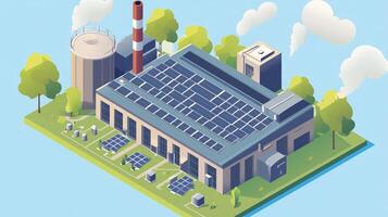 Solar energy facility with solar panels on rooftops and smoke stacks, surrounded by greenery on a clear day photo