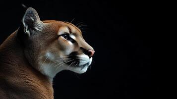 A close-up profile of a mountain lion in a dark setting highlighting its strong features and focused gaze during twilight hours photo