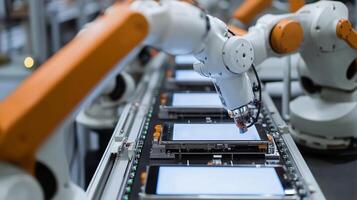 Robotic arms assembling smartphones on a production line in a technology factory during daylight hours photo
