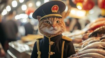 A cat in a military uniform poses confidently at a bustling market filled with fresh seafood during a lively evening crowd photo