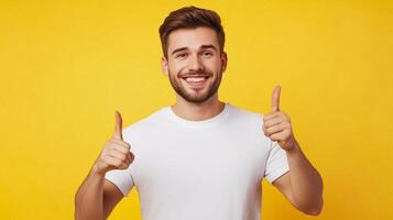 Young man smiling and giving thumbs up against a bright yellow background, expressing happiness and positivity in a cheerful moment photo