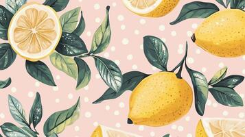 Vibrant lemon pattern with fresh leaves on a soft pink background creating a lively and cheerful decor vibe photo