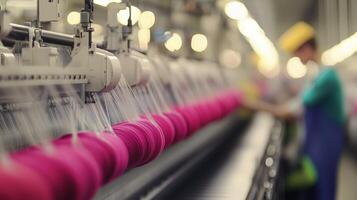 Spools of vibrant pink thread move along a textile production line in a bustling factory during the morning hours photo